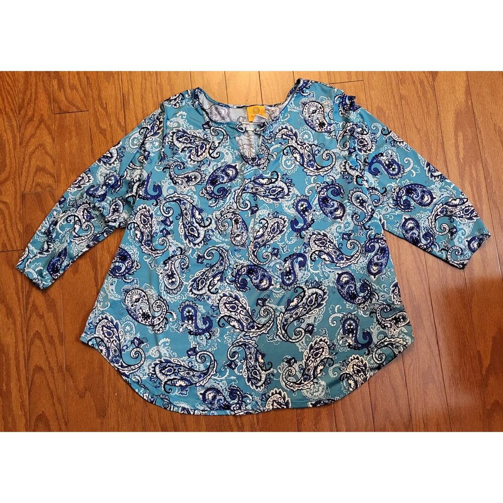 Ruby Rd. Aqua Paisley Print Blouse Womans Size 1X With 3/4 Sleeve